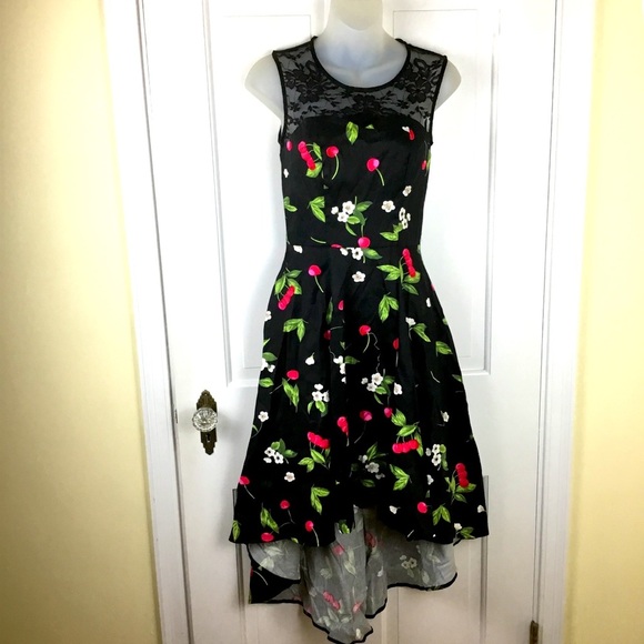 Womens Rockabilly Black Cherry Print Fit-and-Flare Midi Dress - Picture 1 of 9